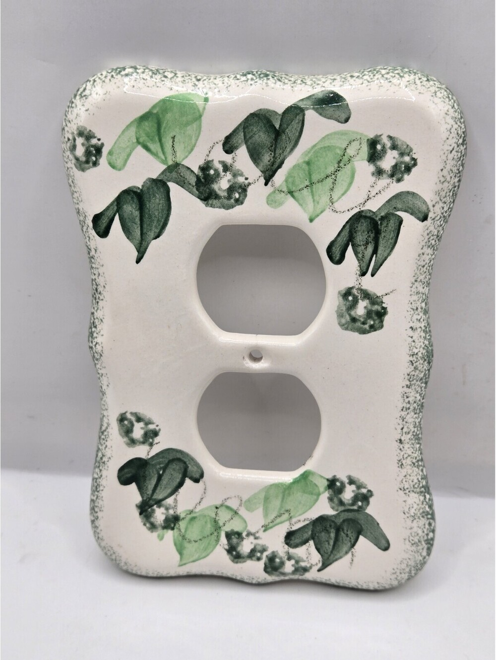Vintage Levine Ceramic Single Toggle Outlet Plate Cover Green Leaf Hand Painted